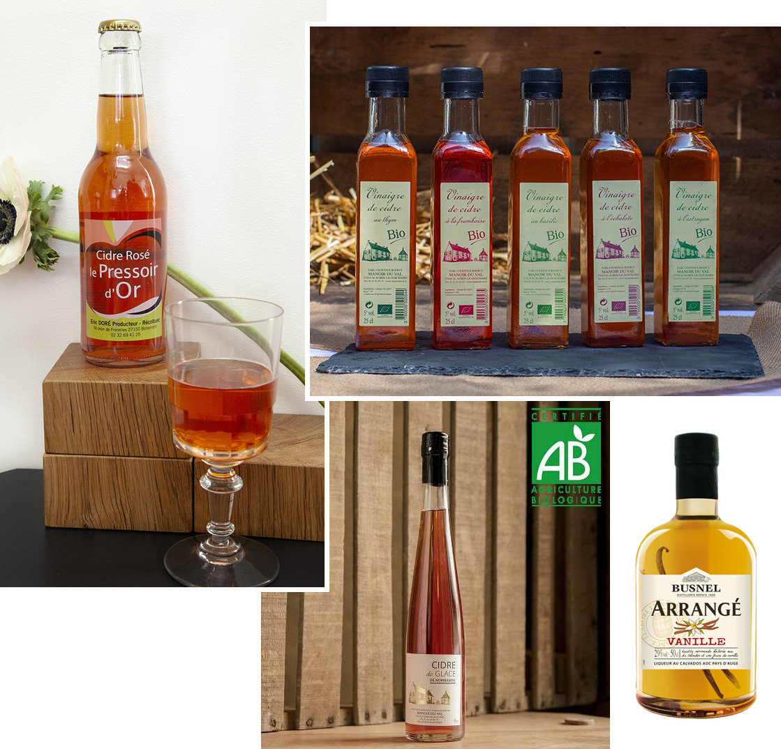 Cidre rosé du Domaine du Pressoir à Boisemont © Marie G, ADT Eure - Vinaigre de cidre bio du Manoir du Val © Bio92 - Cidre de glace du manoir du Val © Les Fermes d'Ici - Rhum arrangé vanille © Distillerie Busnel