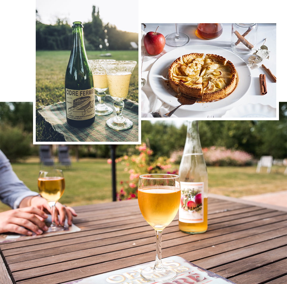 De gauche à droite : Cidre de Normandie © Max Coquard, Bestjobers, Eure Tourisme - Tarte aux pommes © Dilyara Garifullina, Unsplash - Dégustation de jus de pomme aux Vergers de la Grand-Mare © Eure Tourisme, Miles&Love